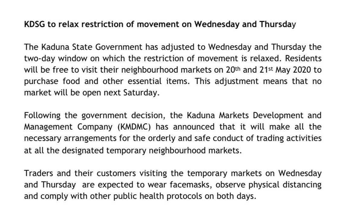 Gwamnatin Kaduna ta yi sauyi a ranakun sassauta dokar kulle Gwamnatin Kaduna ta yi sauyi a ranakun sassauta dokar kulle