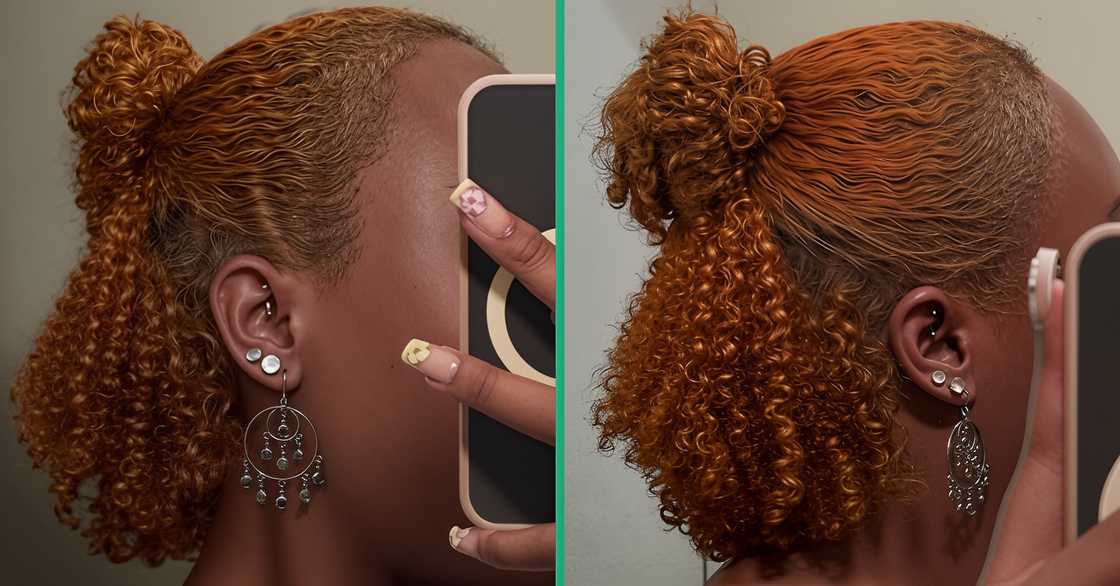 Natural curly hair worn in a half-up, half-down style.
