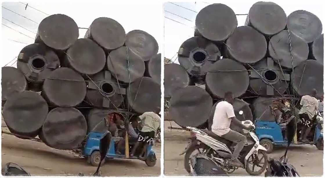 Photos of a Keke rider carrying 13 tanks.