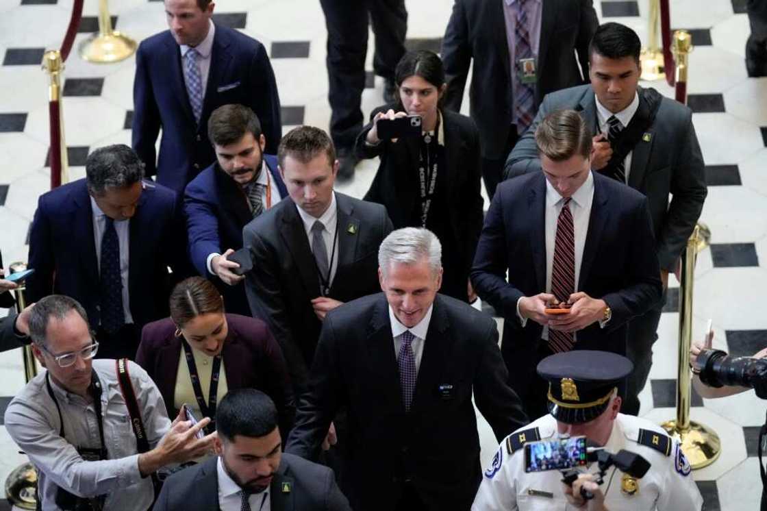 Speaker of the House Kevin McCarthy (R-CA) talks to reporters as he walks to his office after a procedural vote ahead of the final vote for H.R. 3746 - Fiscal Responsibility Act of 2023 at the U.S. Capitol May 31, 2023