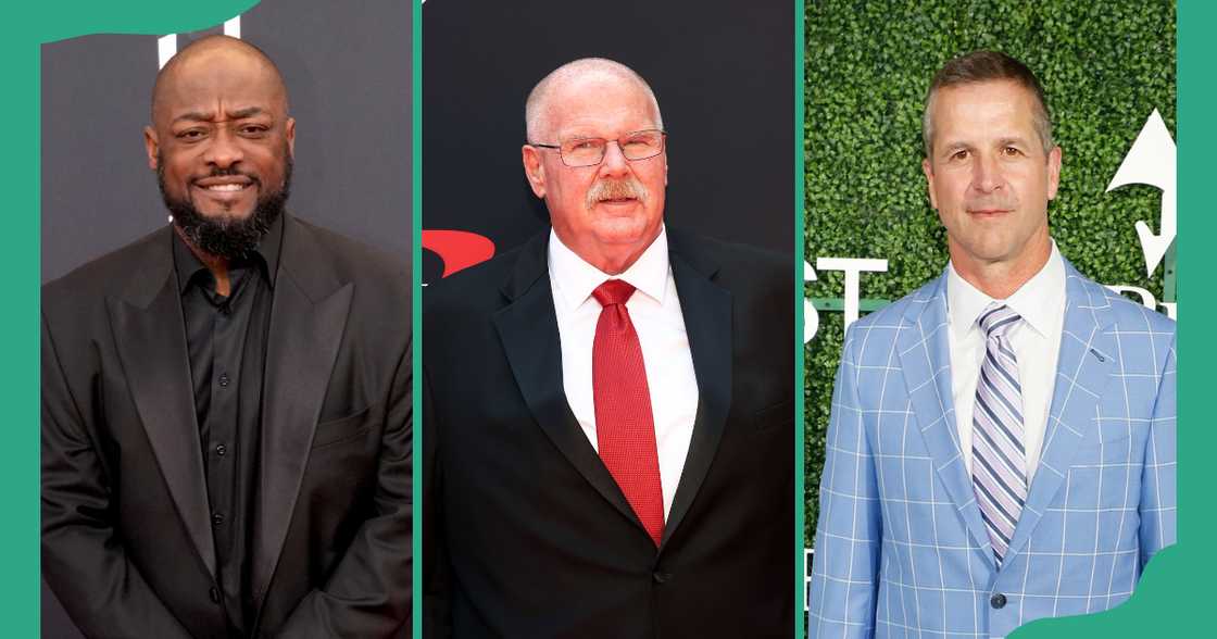 NFL coaches Mike Tomlin (L), Andy Reid (C), and John Harbaugh (R)