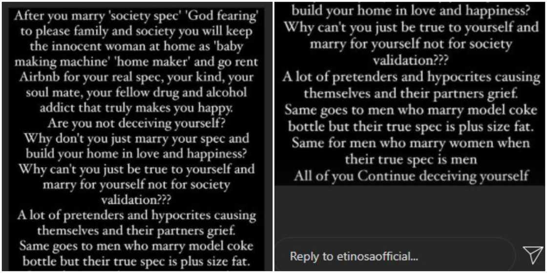 Etinosa drags cheating men Etinosa drags cheating men