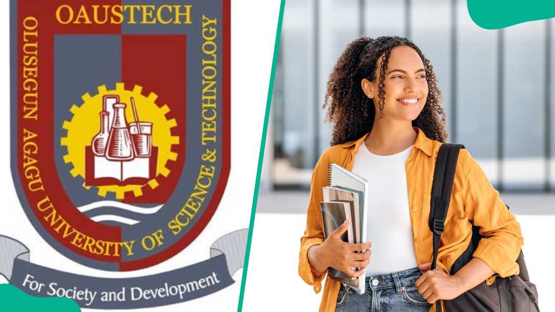 Logo of OAUSTECH (L). A student carrying her books while smiling (R)