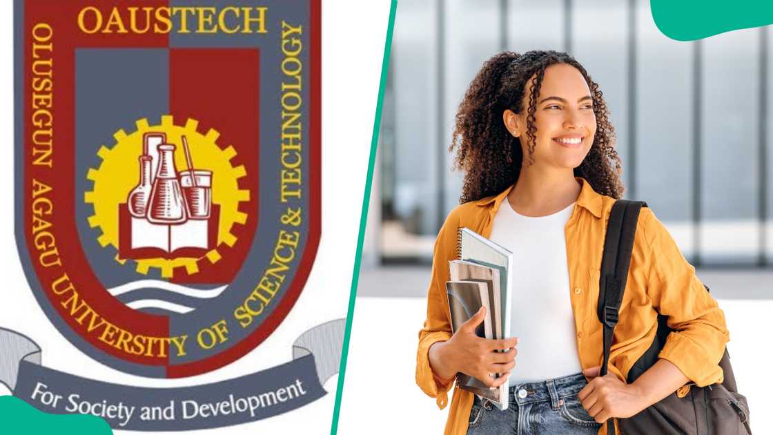 Logo of OAUSTECH (L). A student carrying her books while smiling (R) Logo of OAUSTECH (L). A student carrying her books while smiling (R)