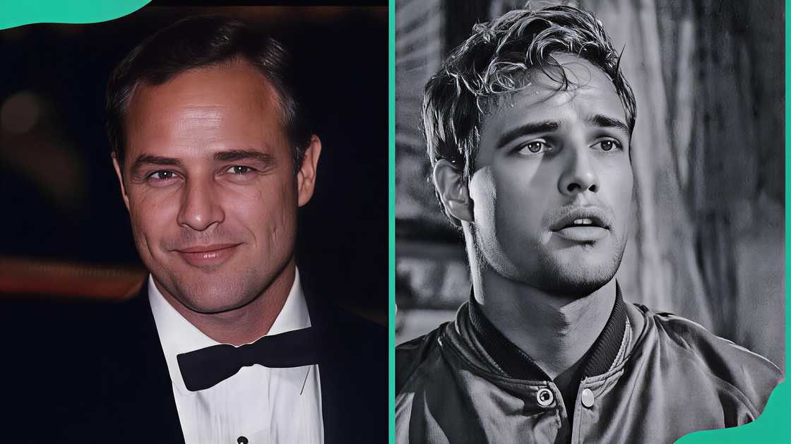 Marlon Brando in a tuxedo (L) and a black and white photo of the actor (R) Marlon Brando in a tuxedo (L) and a black and white photo of the actor (R)