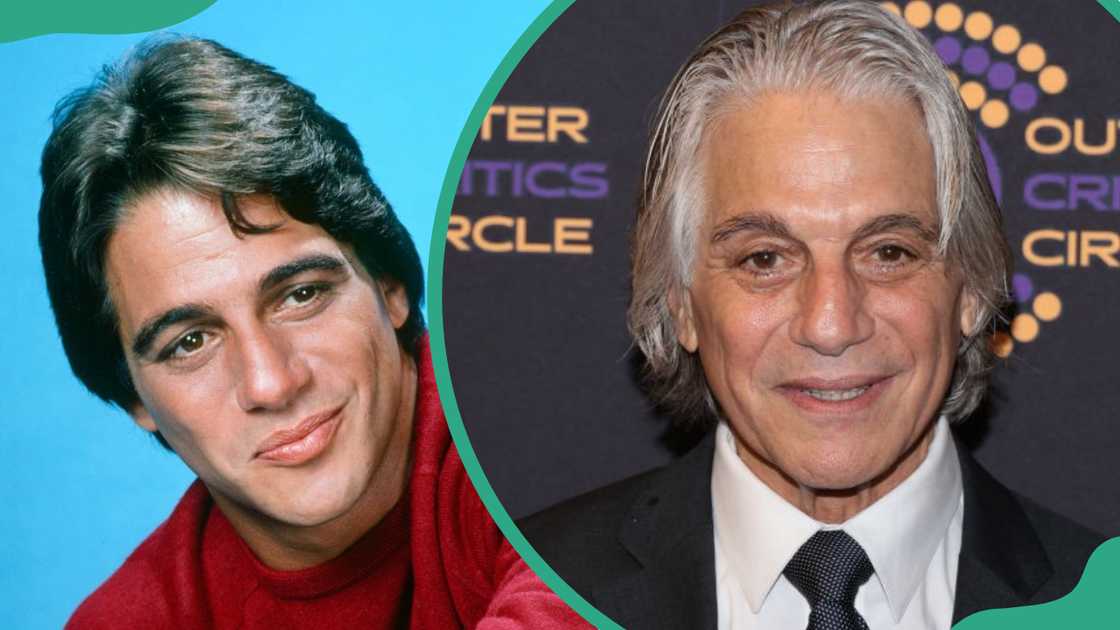 Tony Danza in a red sweater (L). The actor in a black suit, tie and white shirt (R)