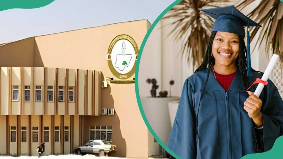 A section of the FULAFIA building (L), and a female graduate smiling (R)