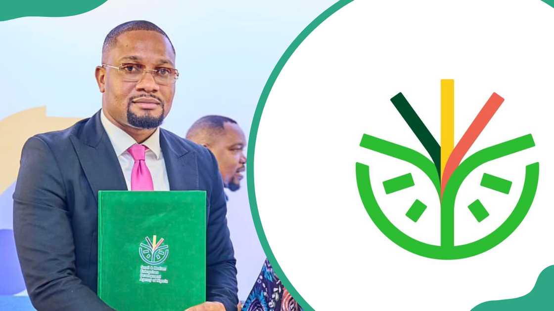 A male businessman holding a SMEDAN certificate (L). SMEDAN logo (R).