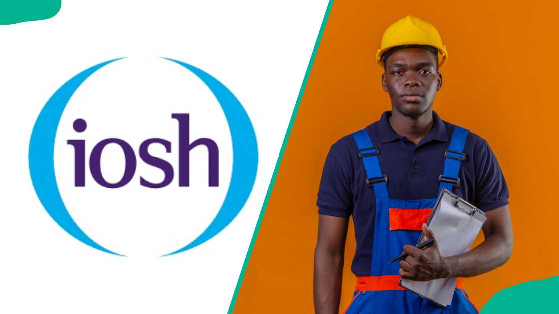 IOSH's logo and a builder in an upran and helmet IOSH's logo and a builder in an upran and helmet