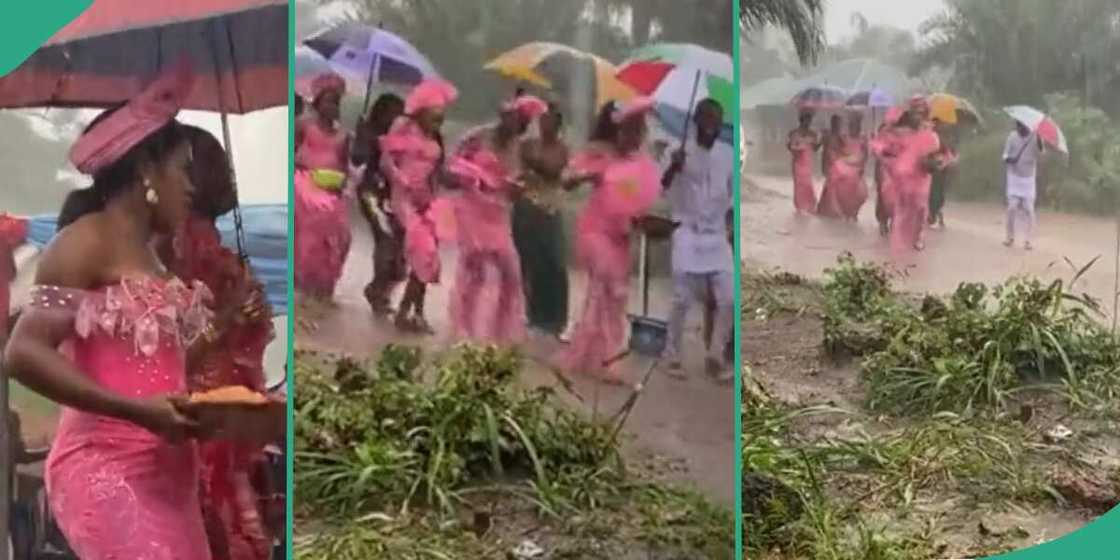 Lady enters rain during her wedding. Lady enters rain during her wedding.