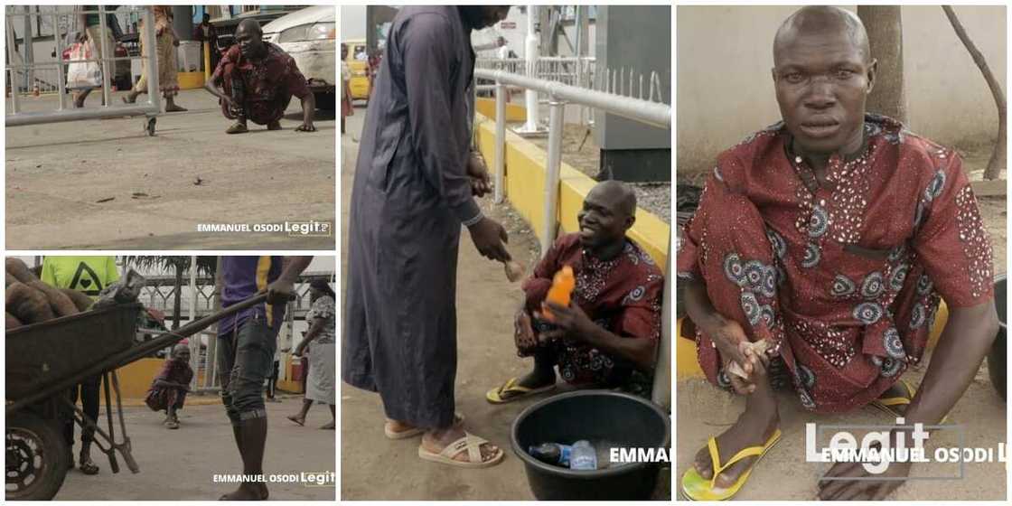 Nigerians react to viral photos of physically challenged man who hustles on busy Lagos roads to cater for family in Oyo Nigerians react to viral photos of physically challenged man who hustles on busy Lagos roads to cater for family in Oyo