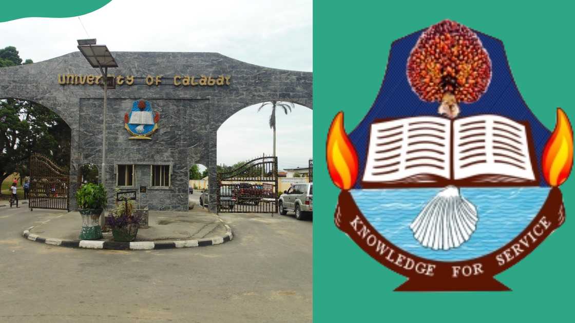 University of Calabar entrance (L). The UNICAL logo (R) University of Calabar entrance (L). The UNICAL logo (R)