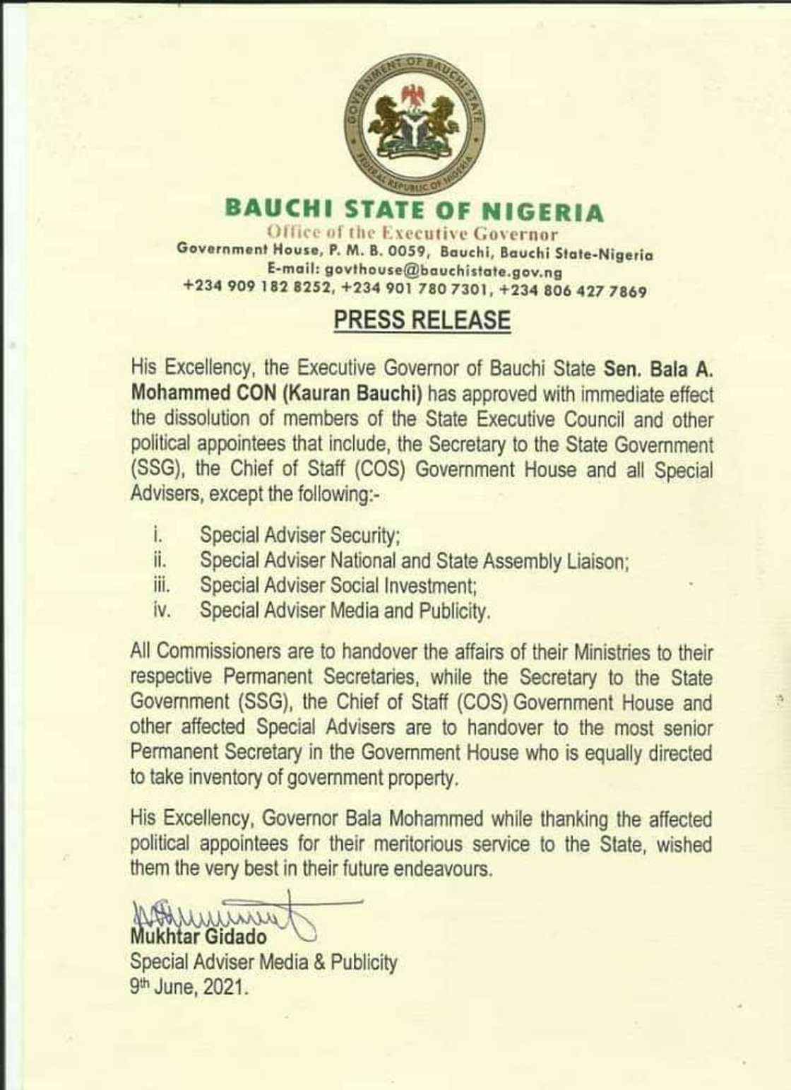 Labari mai zafi: Gwamnan Bauchi, Bala ya kori duka Kwamishinoni da masu bada shawara Labari mai zafi: Gwamnan Bauchi, Bala ya kori duka Kwamishinoni da masu bada shawara