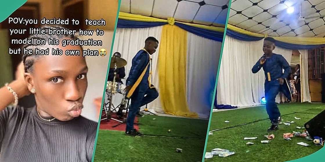 Young boy catwalks on stage Young boy catwalks on stage