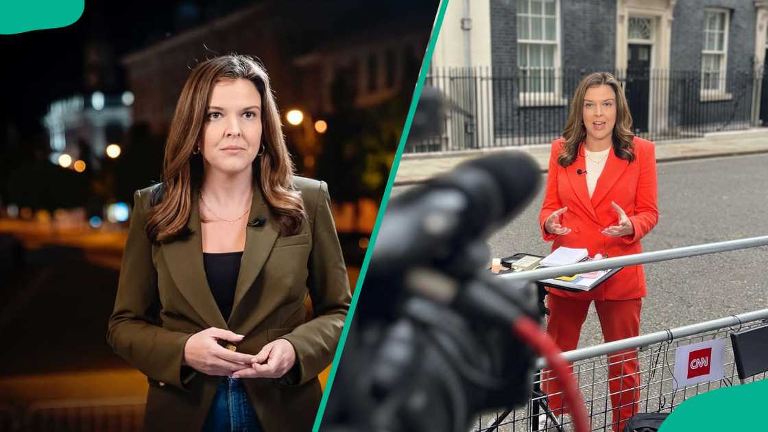 Arlette Saenz is seen reporting in brown and red outfits Arlette Saenz is seen reporting in brown and red outfits