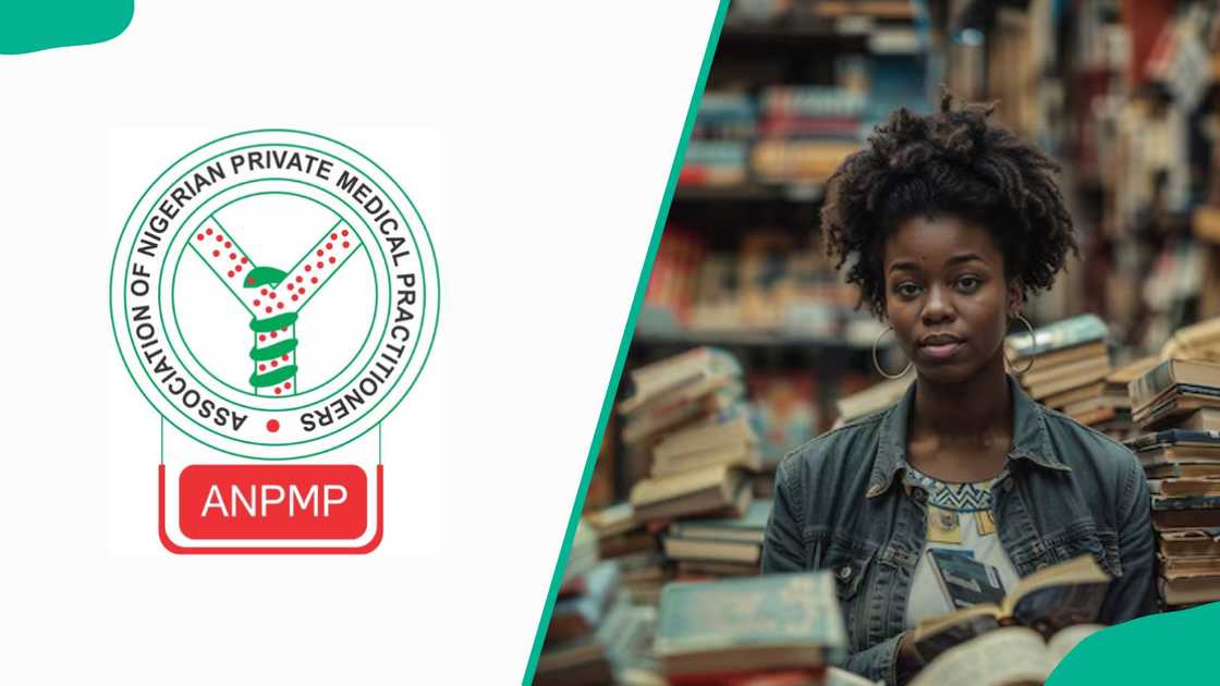 ANPMP's logo and a woman sitting with books around her ANPMP's logo and a woman sitting with books around her