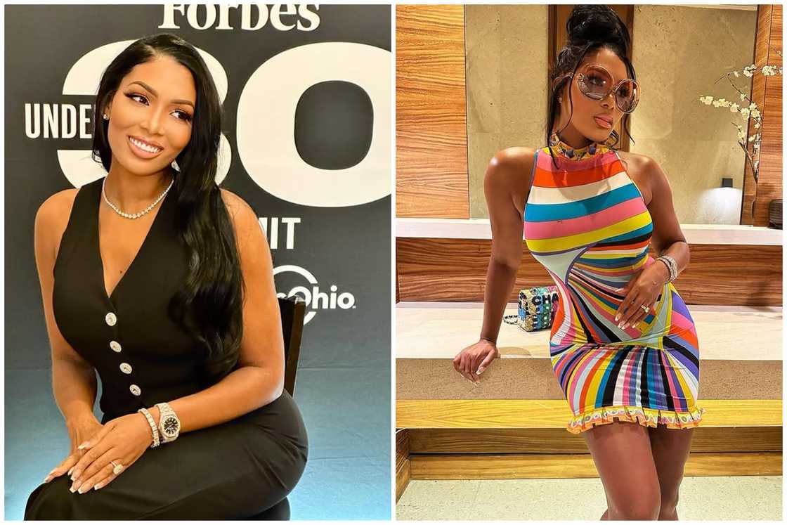 Brittany Eady at the Forbes Under 30 event (L). The insurance expert poses for a photo in a colourful dress (R) Brittany Eady at the Forbes Under 30 event (L). The insurance expert poses for a photo in a colourful dress (R)