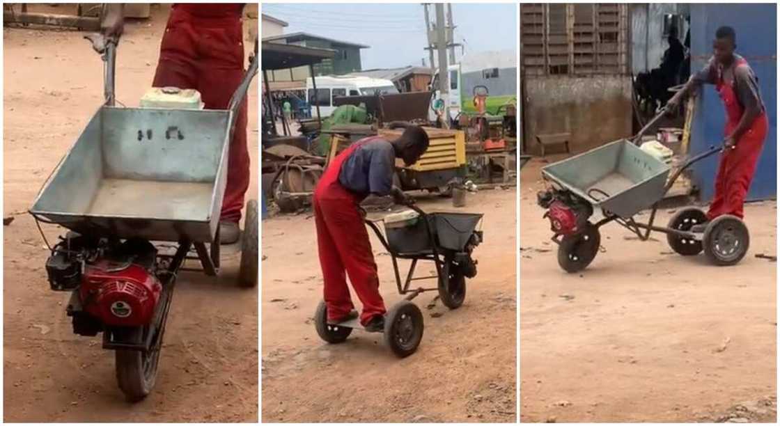 Innovative wheelbarrow with fuel tank, tree wheels and engine. Innovative wheelbarrow with fuel tank, tree wheels and engine.