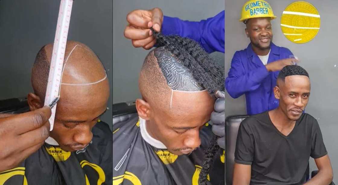 Photos of a man getting artificial hair at the salon.