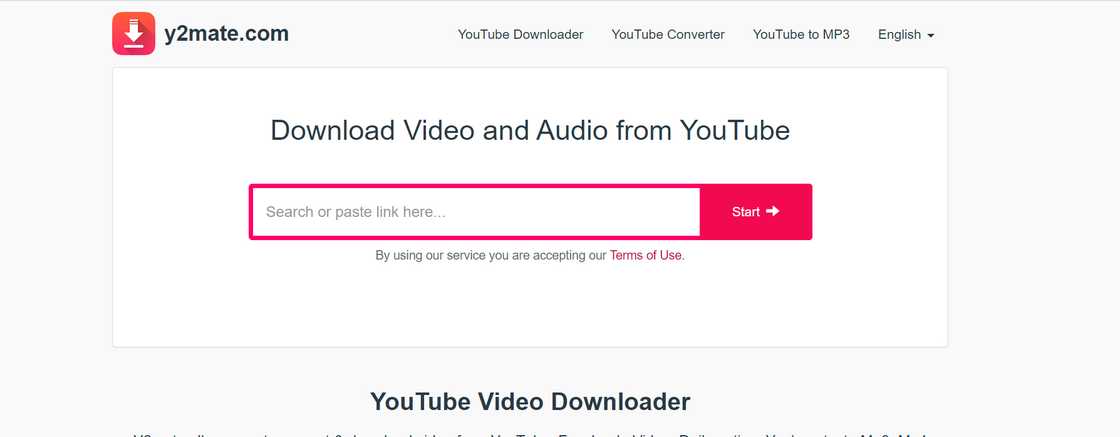 A screenshot of Y2Mate website home page