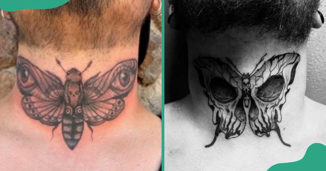 Nature-inspired throat tattoos with moths of different designs Nature-inspired throat tattoos with moths of different designs