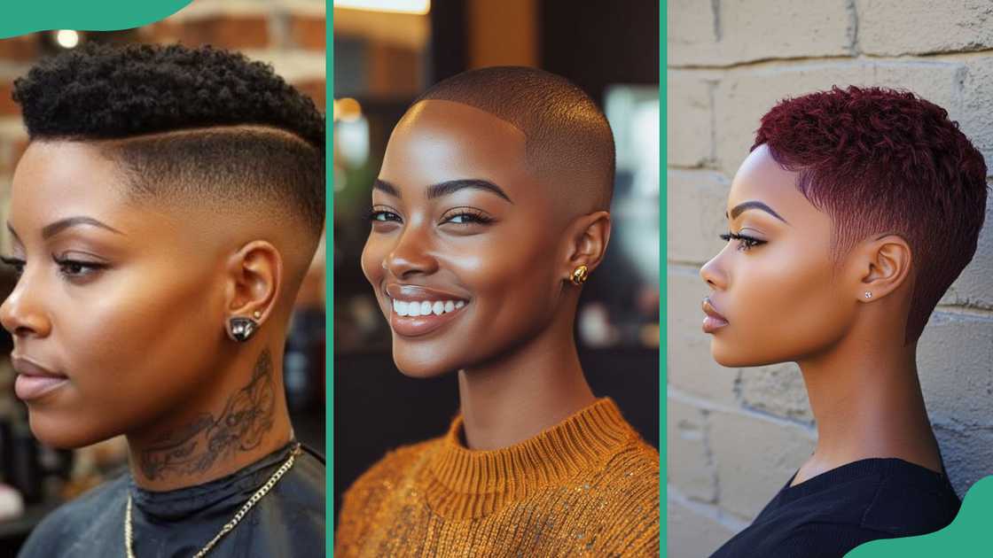 High top fade (L), buzz cut/super short (C), and pixie bob (R) High top fade (L), buzz cut/super short (C), and pixie bob (R)