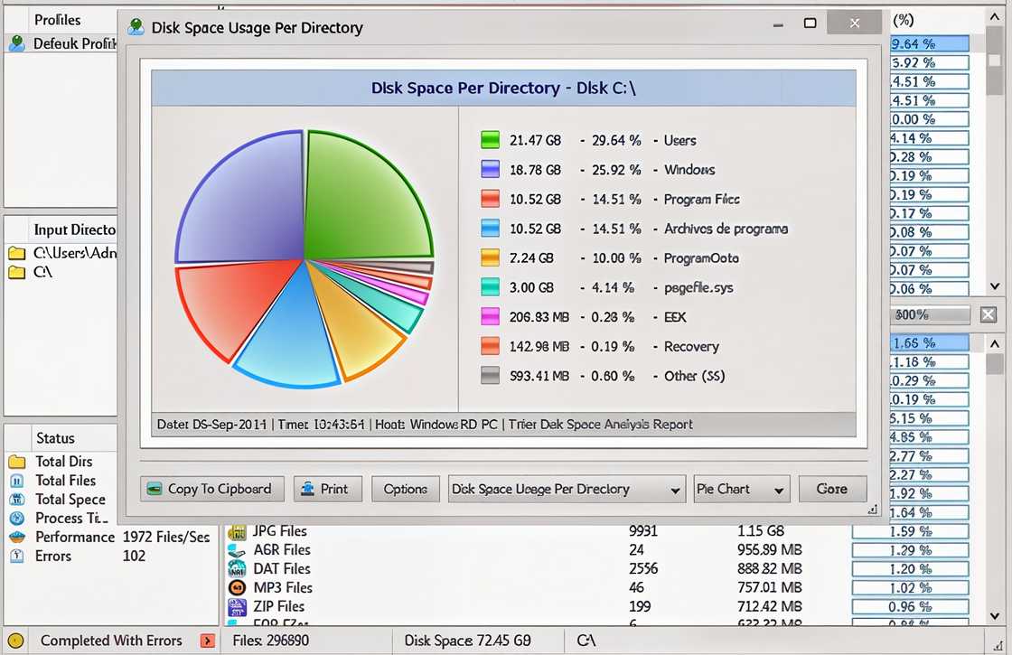 A pie chart and a detailed list on the Disk Savvy application