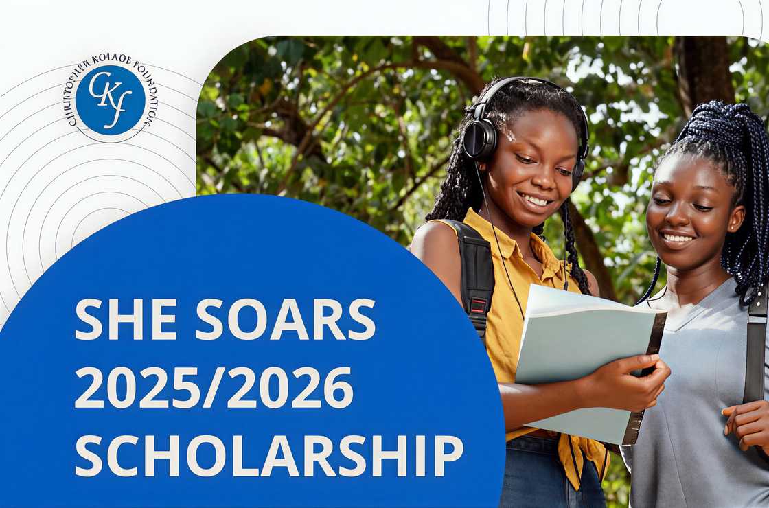 A social media post announcing the Christopher Kolade Foundation SHE Soars 2025/2026 Scholarship, with two female students A social media post announcing the Christopher Kolade Foundation SHE Soars 2025/2026 Scholarship, with two female students