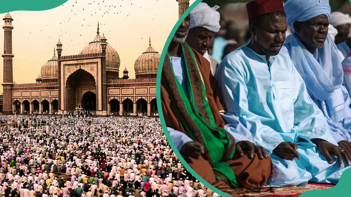 A crowd of people praying in Masjid Delhi and men in robes kneeling in prayer