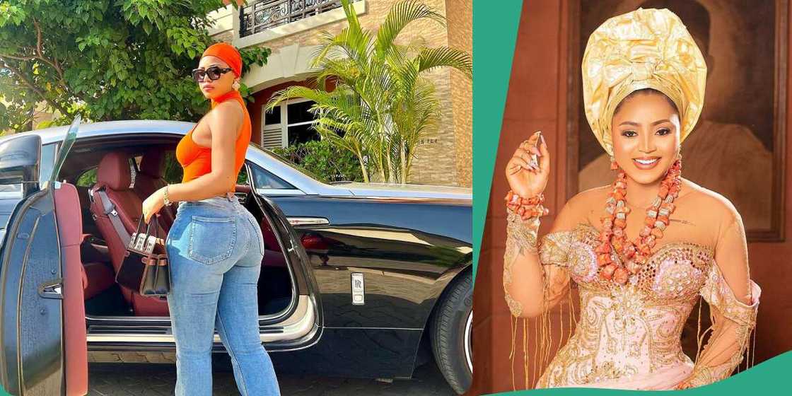 Regina Daniels looking good on orange dress and jeans trousers. Source: @regina.daniels/Instagram Regina Daniels looking good on orange dress and jeans trousers. Source: @regina.daniels/Instagram