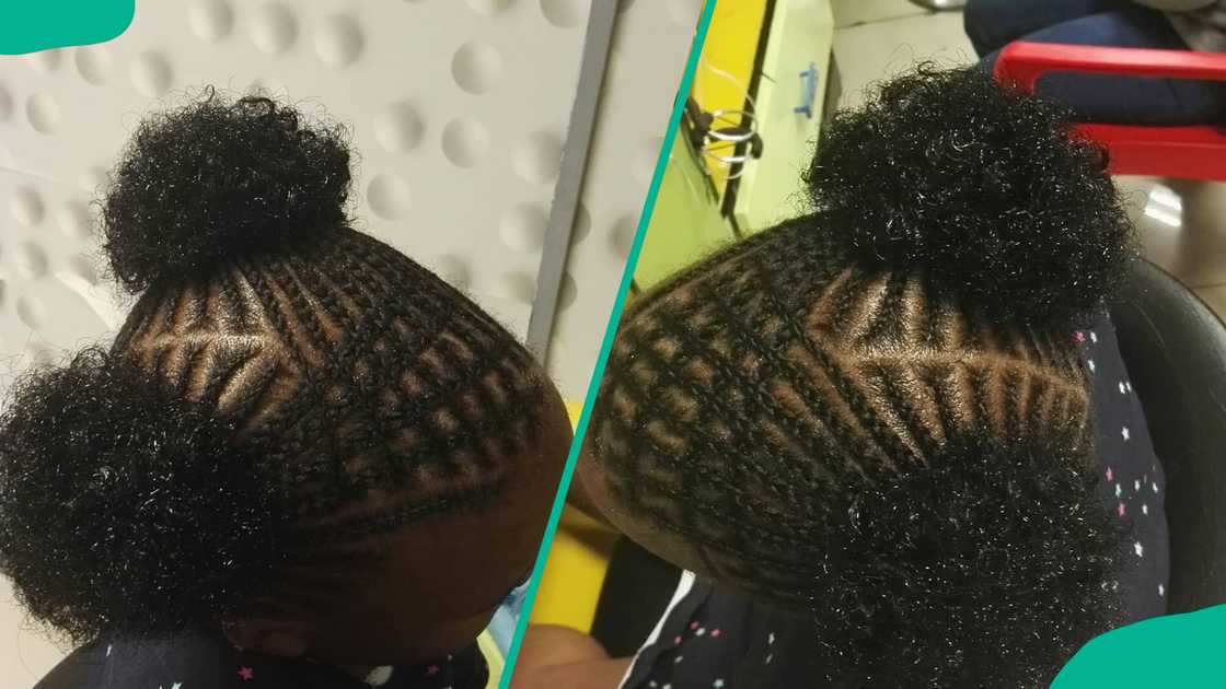 Criss-cross cornrows with Afro pigtail extensions