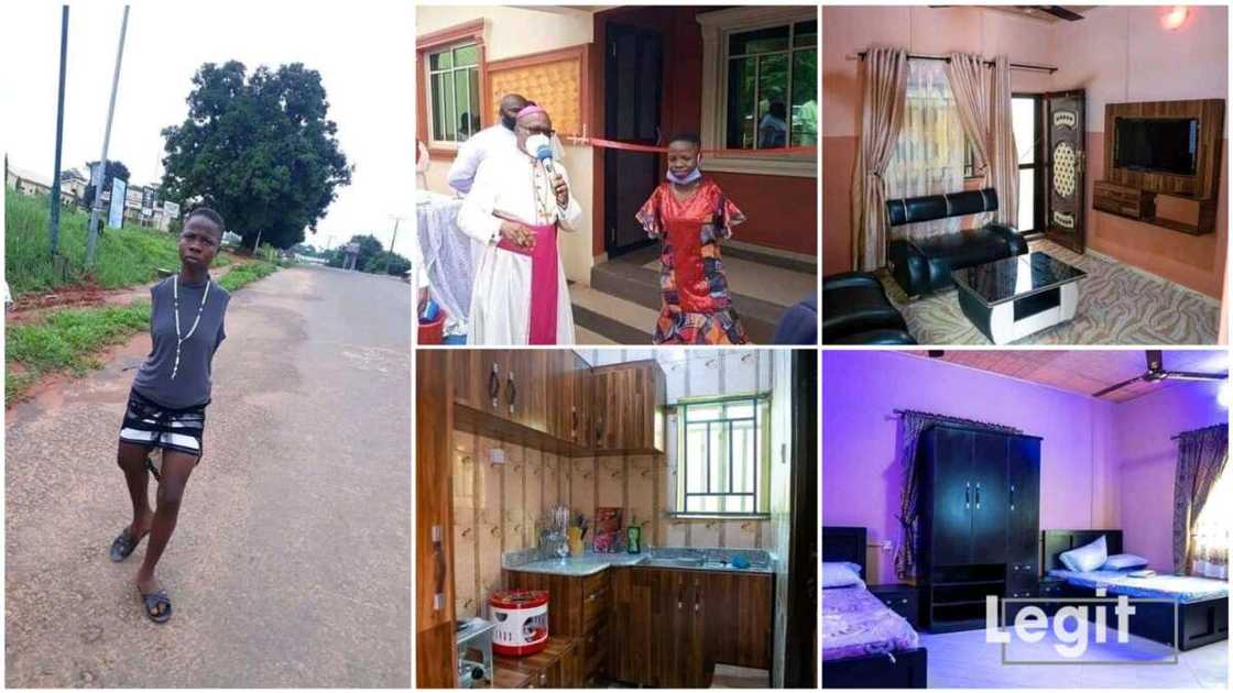 A collage showing the girl and the newly-furnished house.