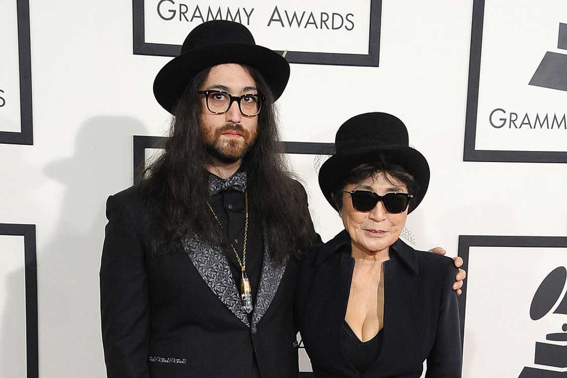Sean Lennon (L) and artist Yoko Ono at Staples Centre Sean Lennon (L) and artist Yoko Ono at Staples Centre