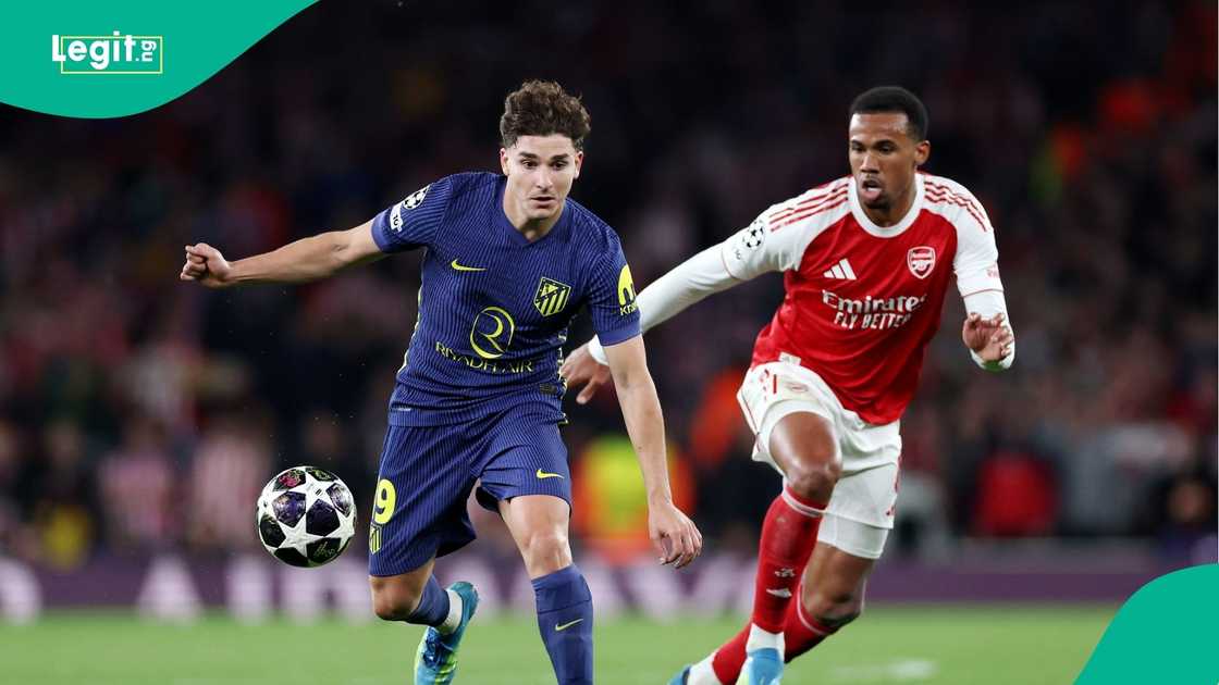 Julian Alvarez, Gabriel, UEFA, Champions League, Arsenal, Atletico Madrid, Emirates Stadium. Julian Alvarez, Gabriel, UEFA, Champions League, Arsenal, Atletico Madrid, Emirates Stadium.