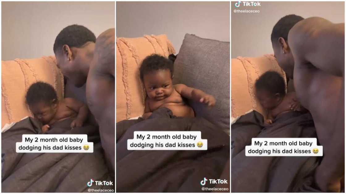 Father and his baby/kid stopped dad from kissing him. Father and his baby/kid stopped dad from kissing him.