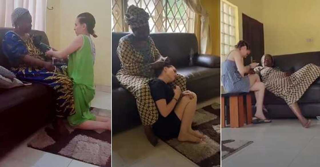 Woman braids oyinbo daughter-in-law's hair Woman braids oyinbo daughter-in-law's hair