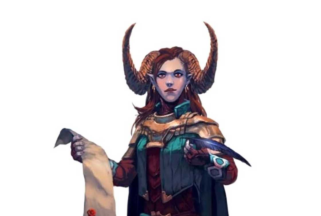 DnD female Tiefling holding a feather and a scroll DnD female Tiefling holding a feather and a scroll
