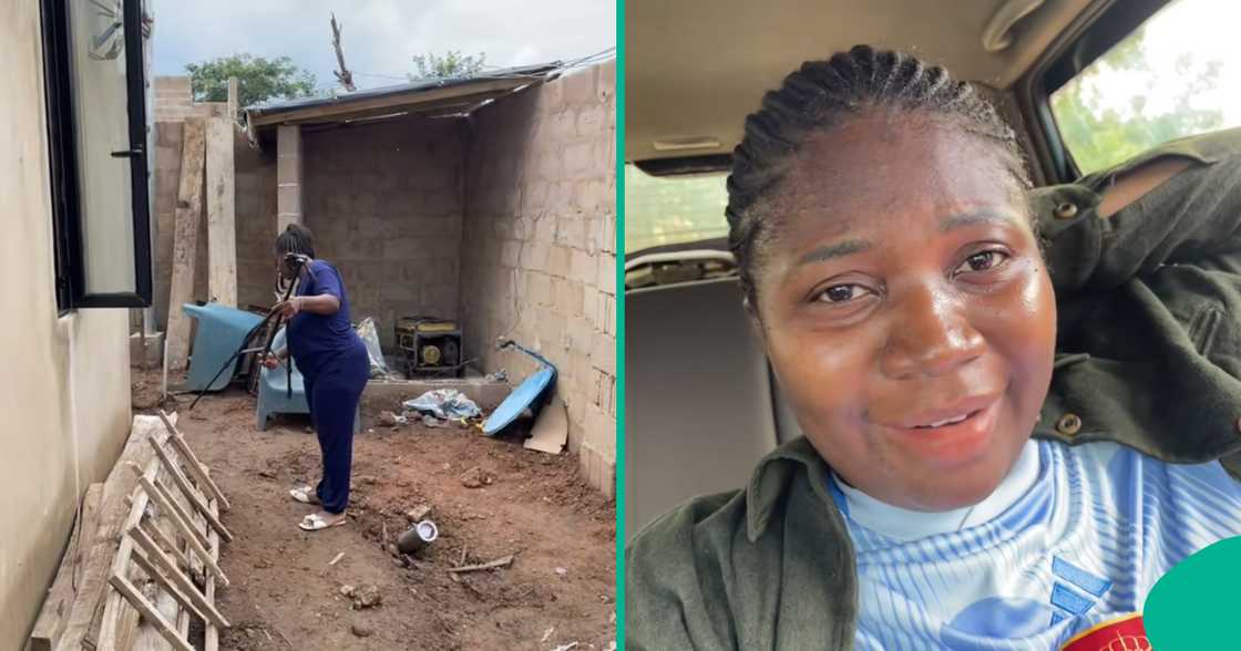 Lady proudly shows off her new house.