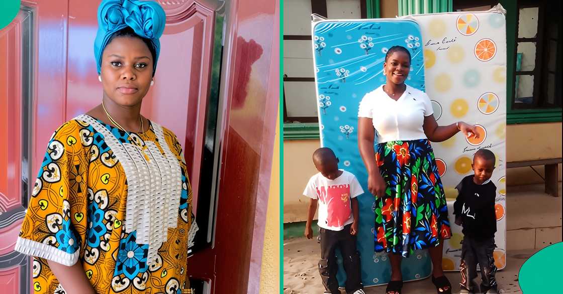 A Nigerian mother reacts as her children received mattresses at their school’s graduation party.