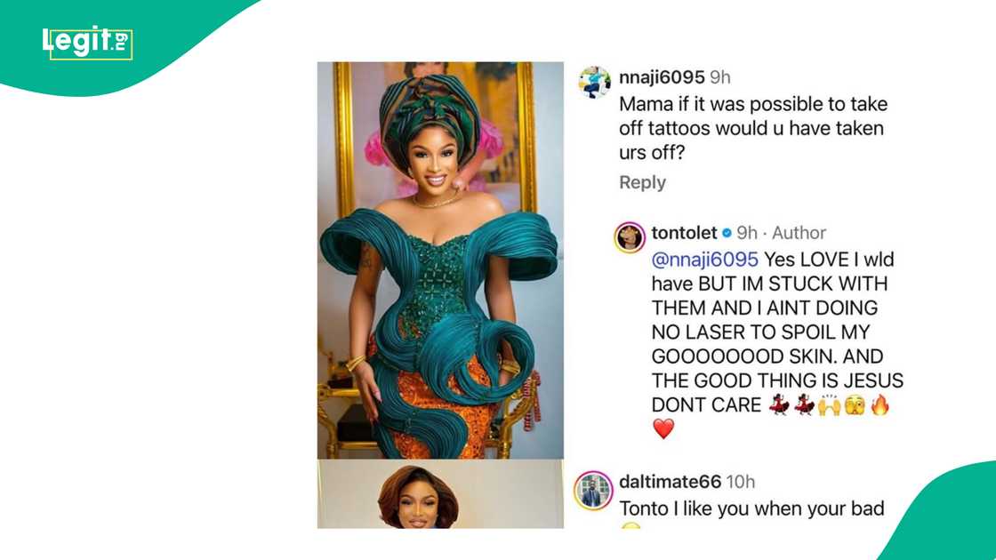 Actress Tonto Dikeh reveals she wouldn't be removing her tattoos despite renewed Christianity faith, says Jesus doesn't care about them.