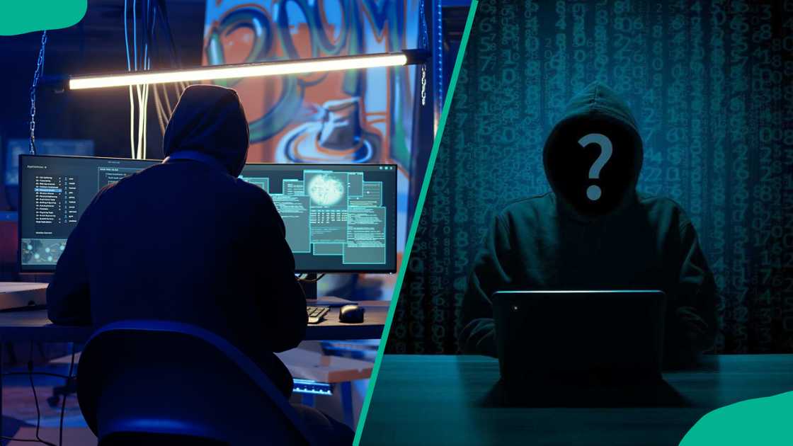Online hackers with laptops Online hackers with laptops