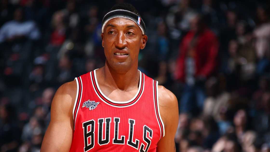 Scottie Pippen of the Chicago Bulls walks on the court.