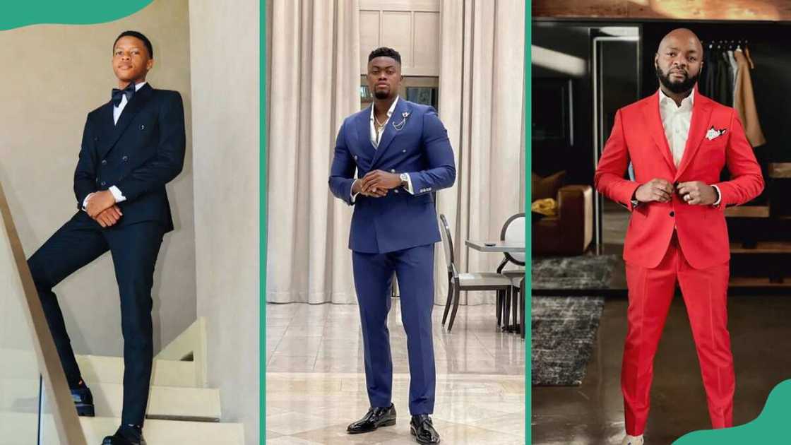 Men donning different coloured suits Men donning different coloured suits