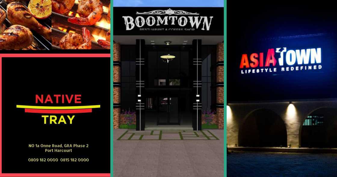 Signage for the Native Tray restaurant, BoomTown restaurant, and Asia Town restaurant. Signage for the Native Tray restaurant, BoomTown restaurant, and Asia Town restaurant.