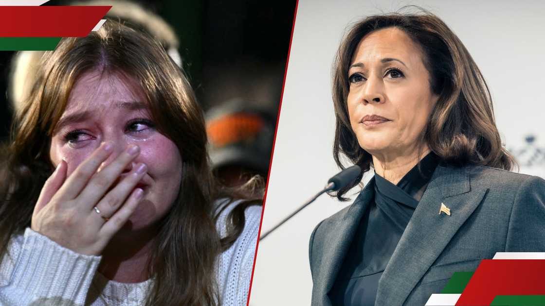 Collage of Kamala Harris and one of her supporters crying. Collage of Kamala Harris and one of her supporters crying.