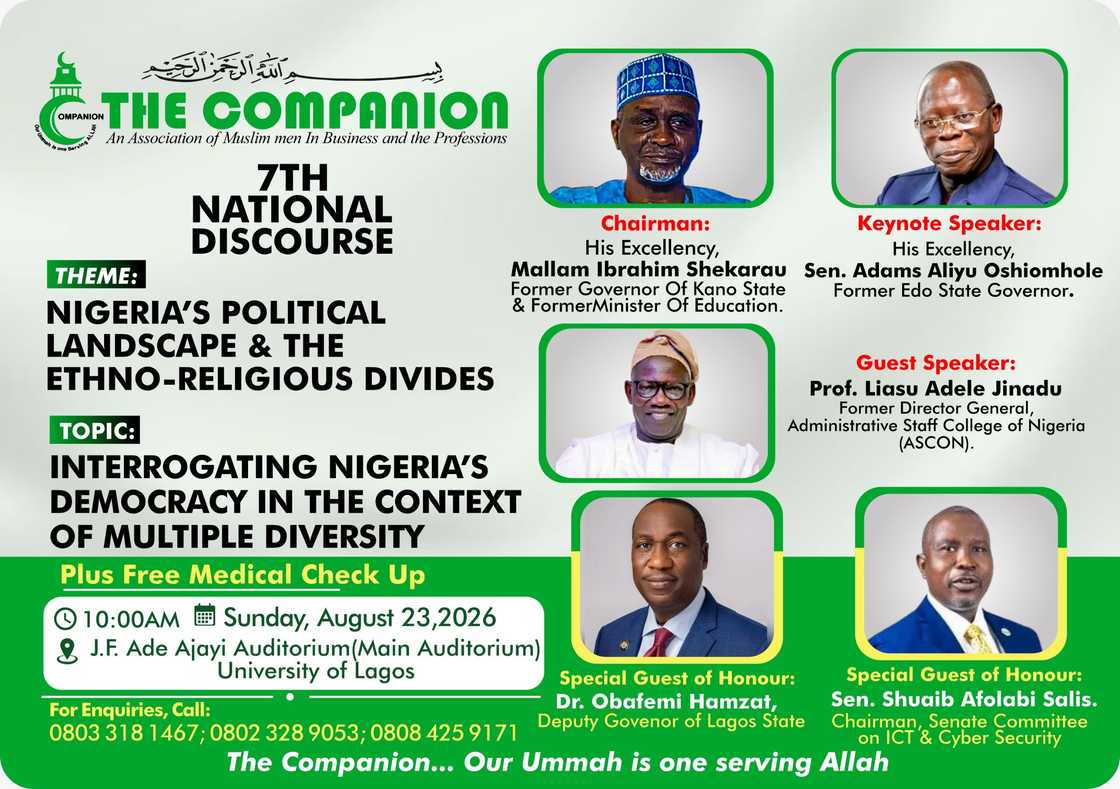 Promotional flier for The Companion's 7th National Discourse, highlighting the event's date, venue, theme, and featured speakers.