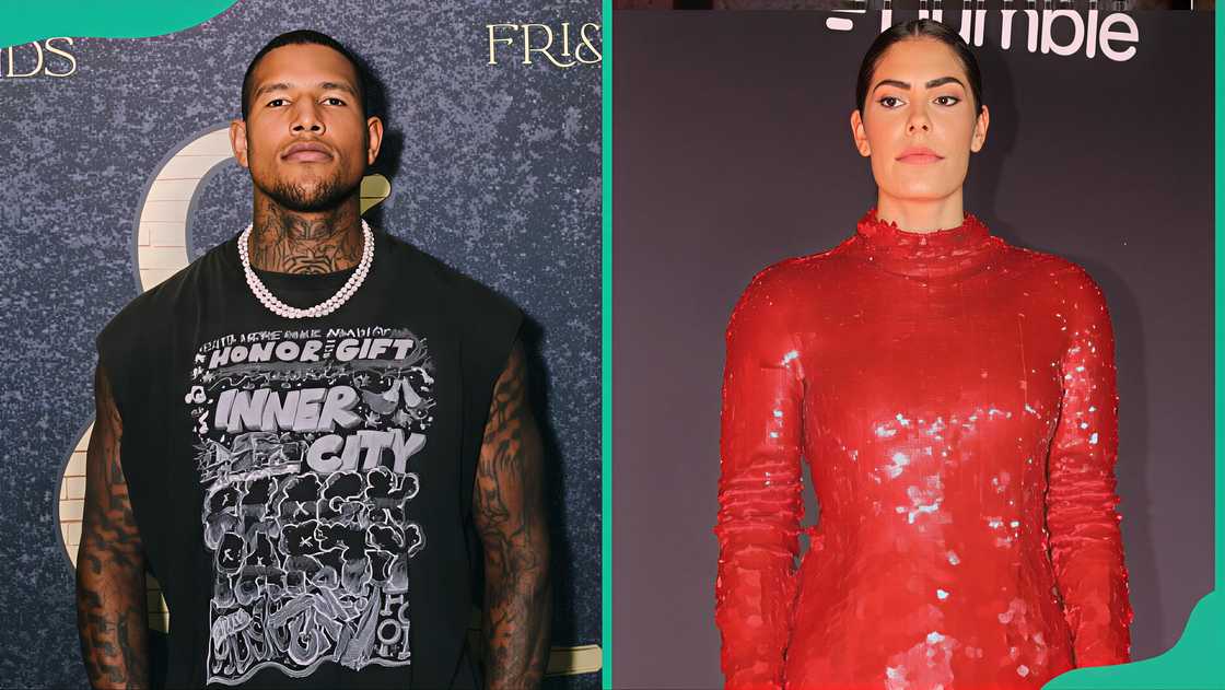 Darren Waller in a black and grey T-shirt and Kelsey Plum in a red dress posing for a photo.