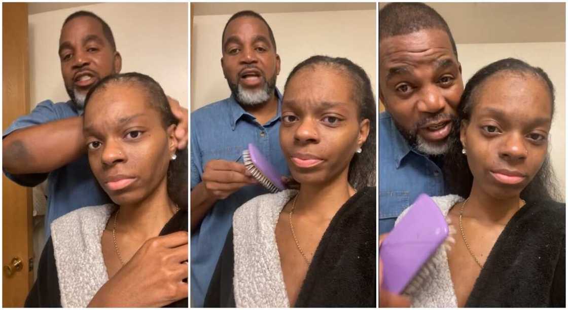 Photos of a lady having her hair combed by her father.