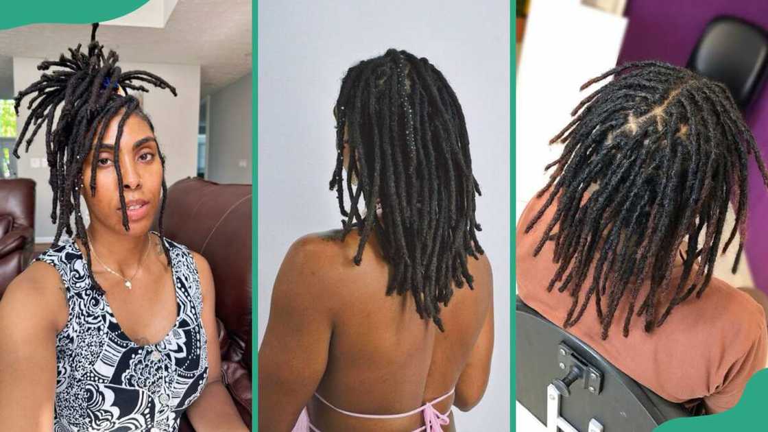 Different angles of a lady wearing temporary locs Different angles of a lady wearing temporary locs