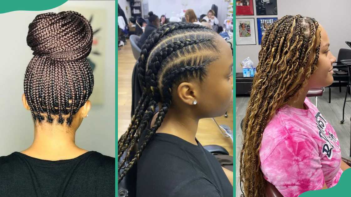 Braided bun(L), stitch braids(C), and Boho braids Braided bun(L), stitch braids(C), and Boho braids